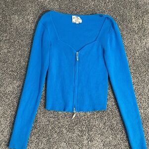 Blue Ribbed Zip-Up Cardigan